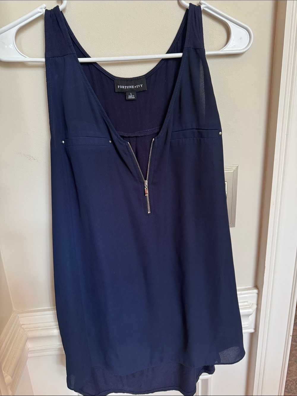 Fortune & Ivy Navy Sleeveless Zip-Front Blouse